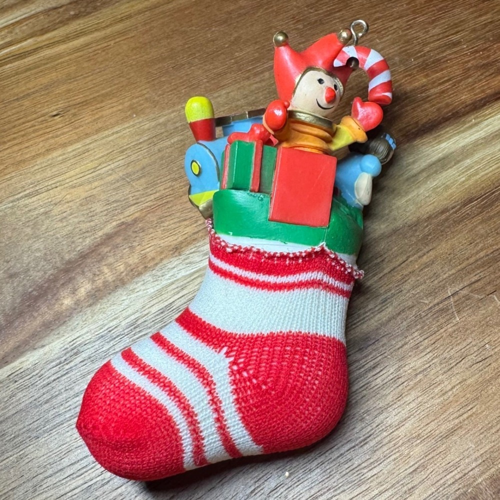 Vintage Hallmark Christmas Ornament Stocking with Toys Train Doll Clown Red